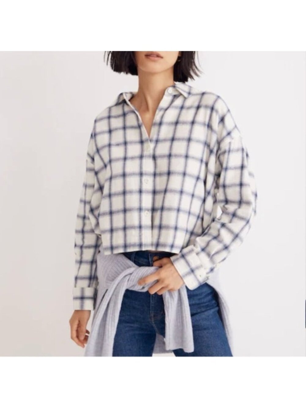 Madewell Flannel Hartfield Crop Shirt Windowpane Royal Blue S